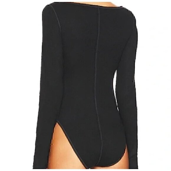 FREE PEOPLE SLOANE BODYSUIT, LONG SLEEVE, SNAP V-NECK, BLACK, XSMALL - Picture 3 of 8